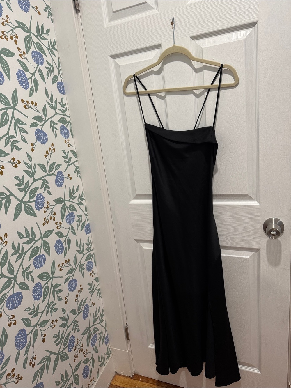 Sleek Black Midi Slip Dress with Double Spaghetti Straps